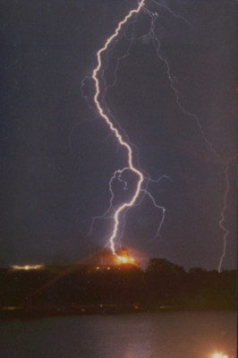 A bolt of lightning striking the Mackenzie Building clock tower