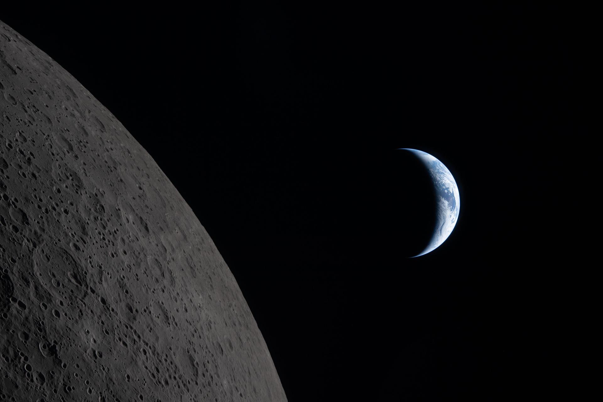 The Moon and the Earth as seen from the Artemis II Orion vehicle, April 6, 2026.