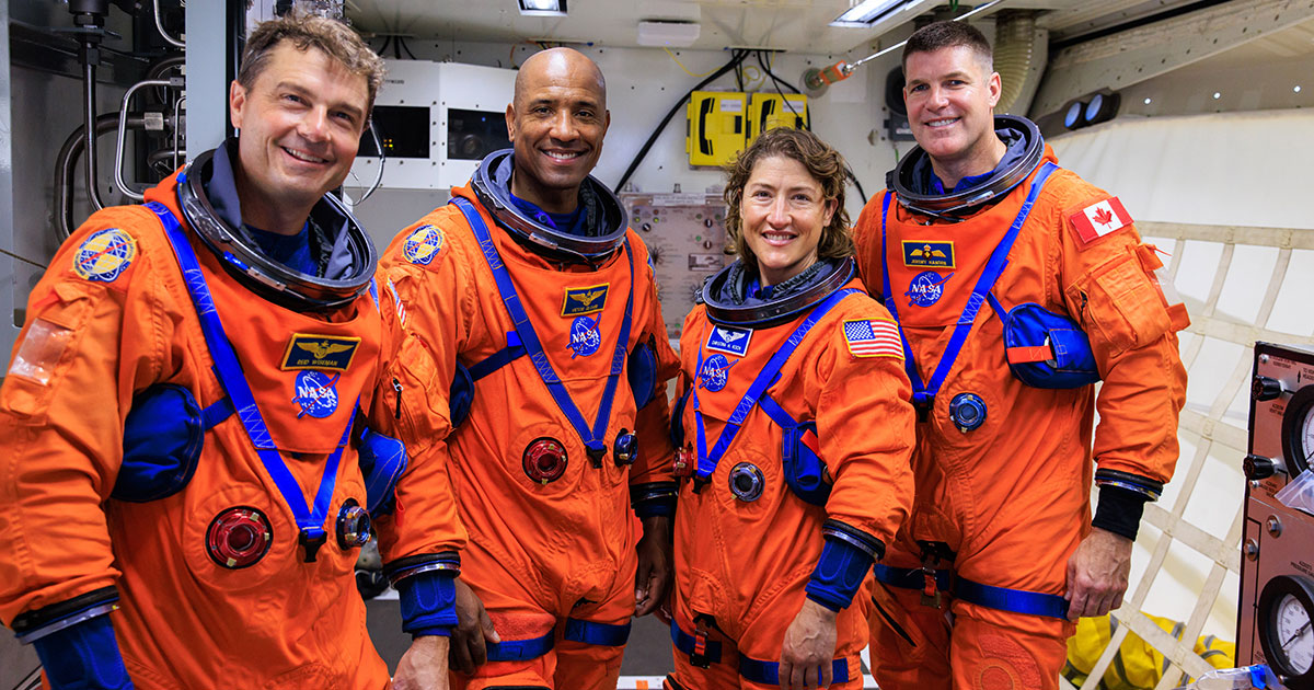 Artemis II NASA astronauts (left to right) Reid Wiseman, Victor Glover, and Christina Koch, and CSA (Canadian Space Agency) astronaut Jeremy Hansen.