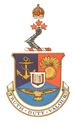 The Canadian Services College coat of arms features a fouled anchor, a grenade and a flying eagle to represent the three services in the Canadian Armed Forces