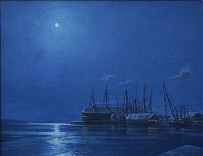 Six covered ships float alongside the wharf at Point Frederick under a full moon