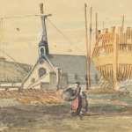 Original watercolour of the Commodore's House at Point Frederick by Emeric Essex Vidal, showing HMS Canada and Wolfe being constructed (neither completed).  Accession number 20110096-001