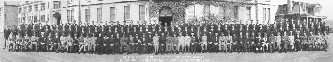 Posed group photo of the first graduating class of the tri-service Royal Military Colleges, 1952